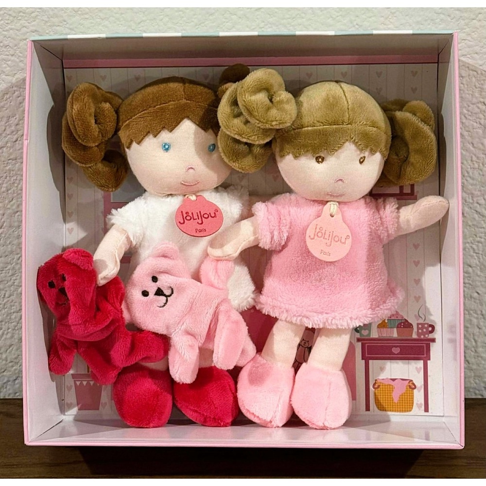 JoliJou Paris Plush Doll Twins Soft Body Dolls with Teddy Bears Gift Box